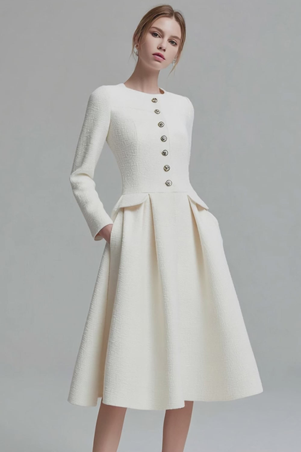 Ivory Tweed Long Sleeves A Line Midi Pageant Interview Dress with Pockets