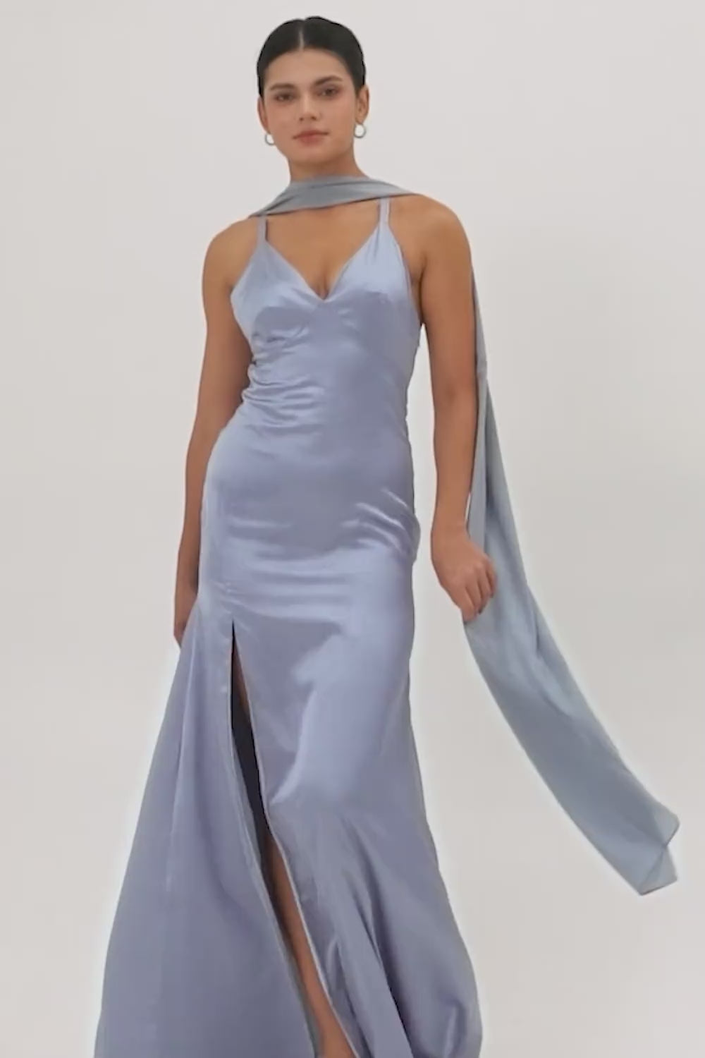 Simple Dusty Blue V-Neck Satin Long Bridesmaid Dress with Slit