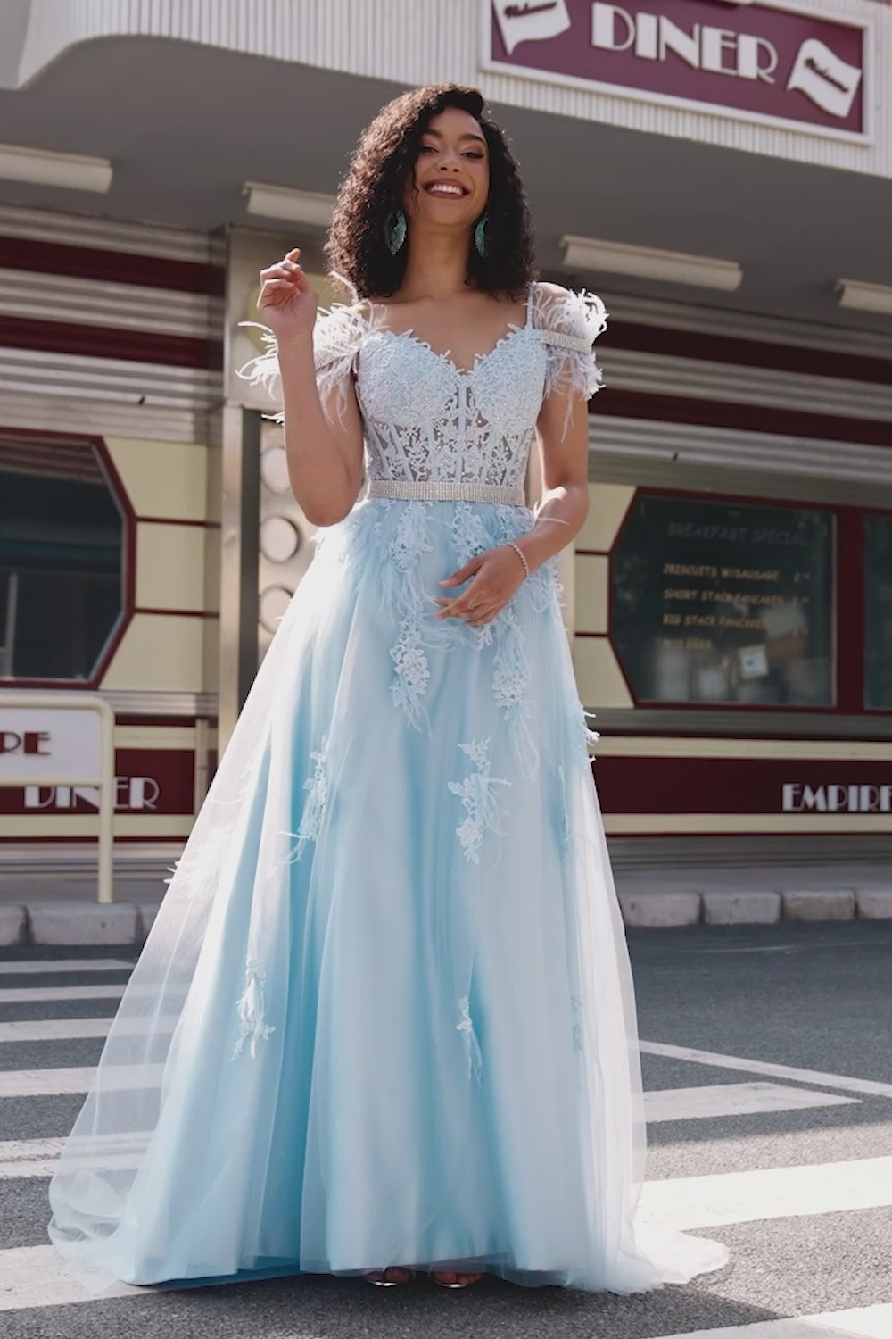 Gorgeous A Line Off the Shoulder Light Blue Corset Prom Dress with Feather