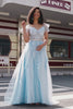 Gorgeous A Line Off the Shoulder Light Blue Corset Prom Dress with Feather