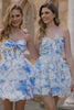 White and Blue Floral Ruffled Short Corset Homecoming Dress with Keyhole