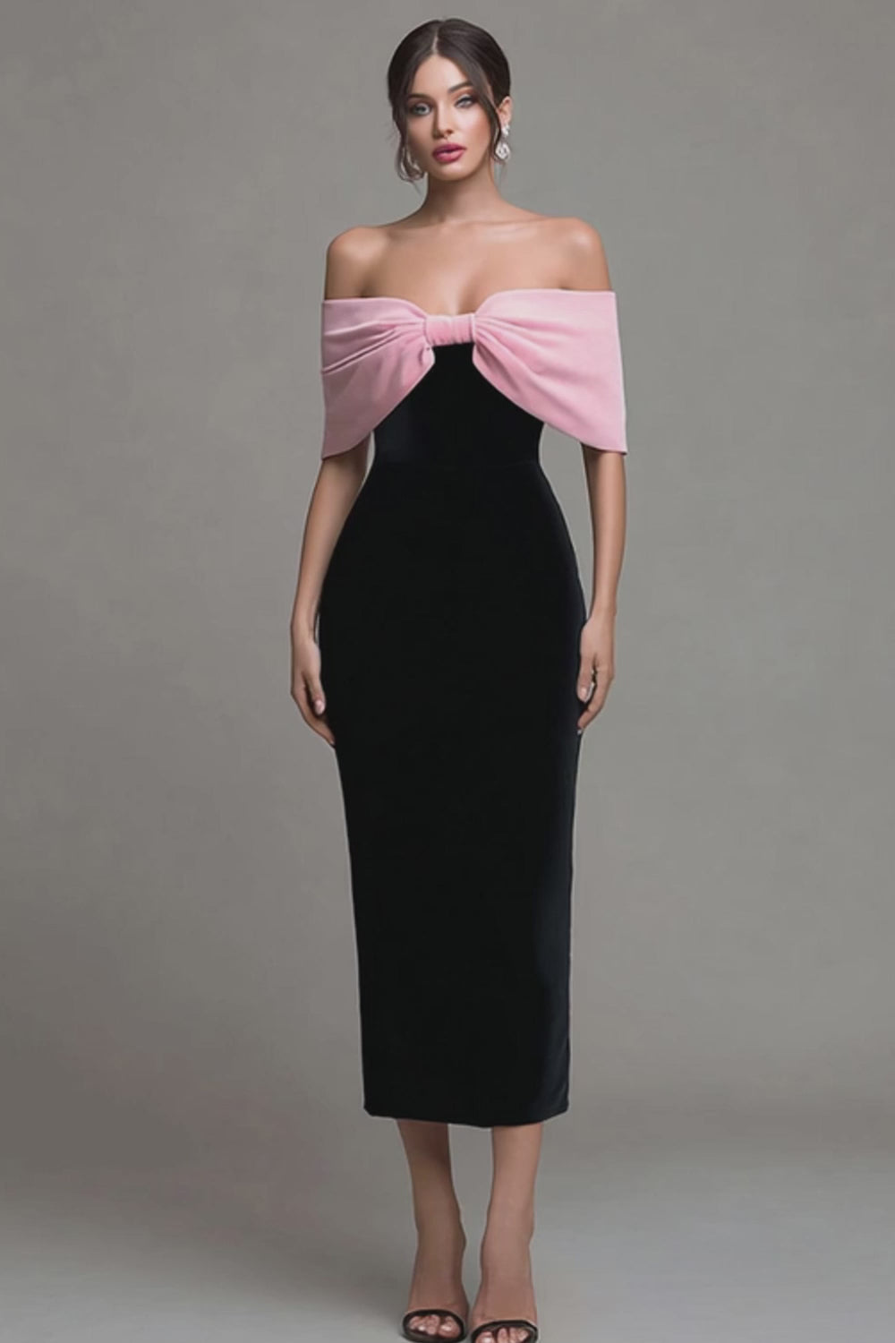 Black and Pink Velvet Off the Shoulder Maxi Holiday Party Dress with Bow