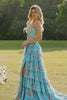 Floral Blue A Line Tiered Long Corset Prom Dress with Slit