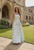 Floral Blue and White Strapless A Line Long Prom Dress