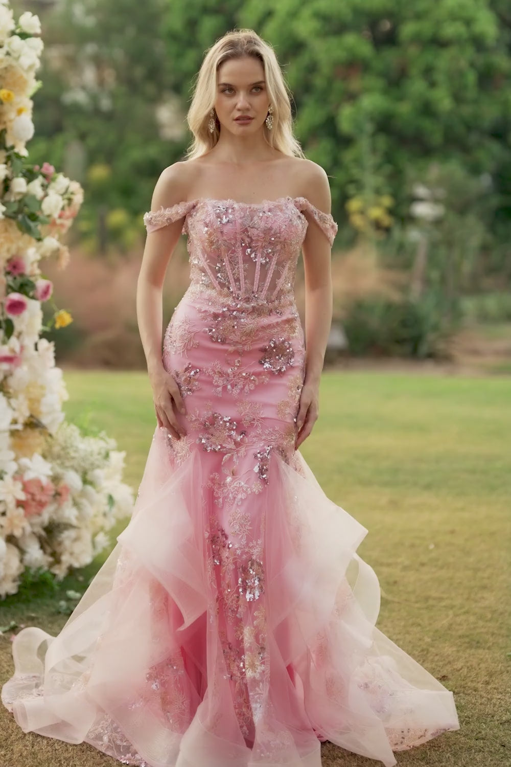 Sparkly Floral Green Mermaid Long Corset Prom Dress with Ruffles