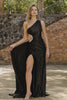 Sparkly Black One Shoulder Cut Out Long Prom Dress with Rhinestones