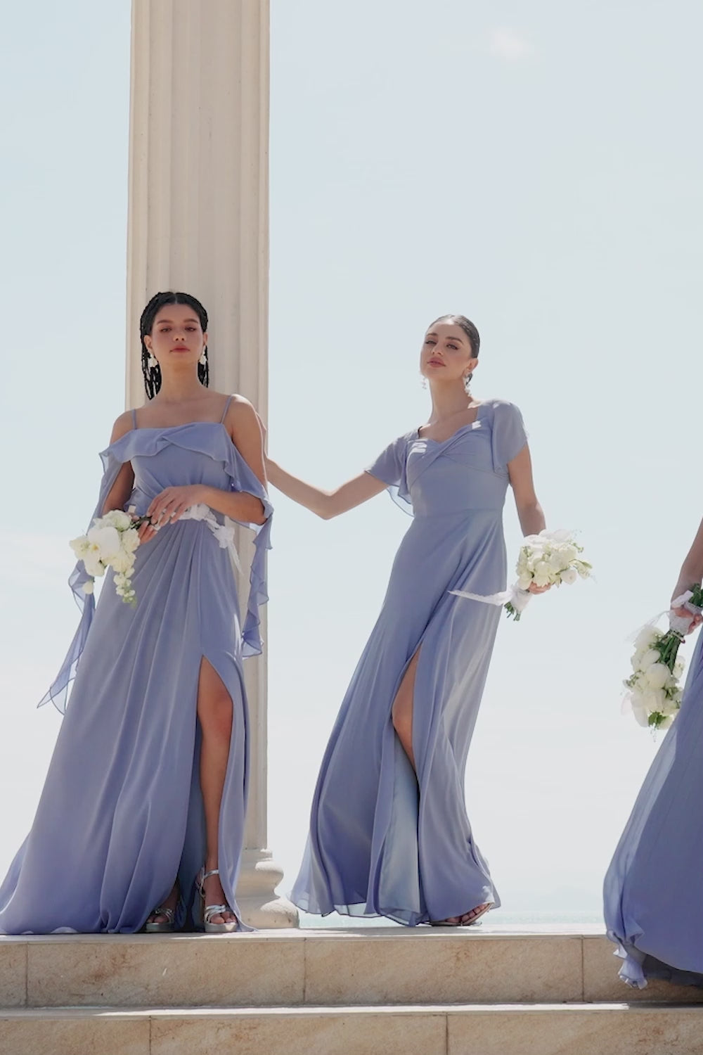 Grey Blue A-Line Spaghetti Straps Chiffon Long Bridesmaid Dress with Slit