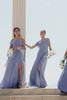 Grey Blue A-Line Spaghetti Straps Chiffon Long Bridesmaid Dress with Slit