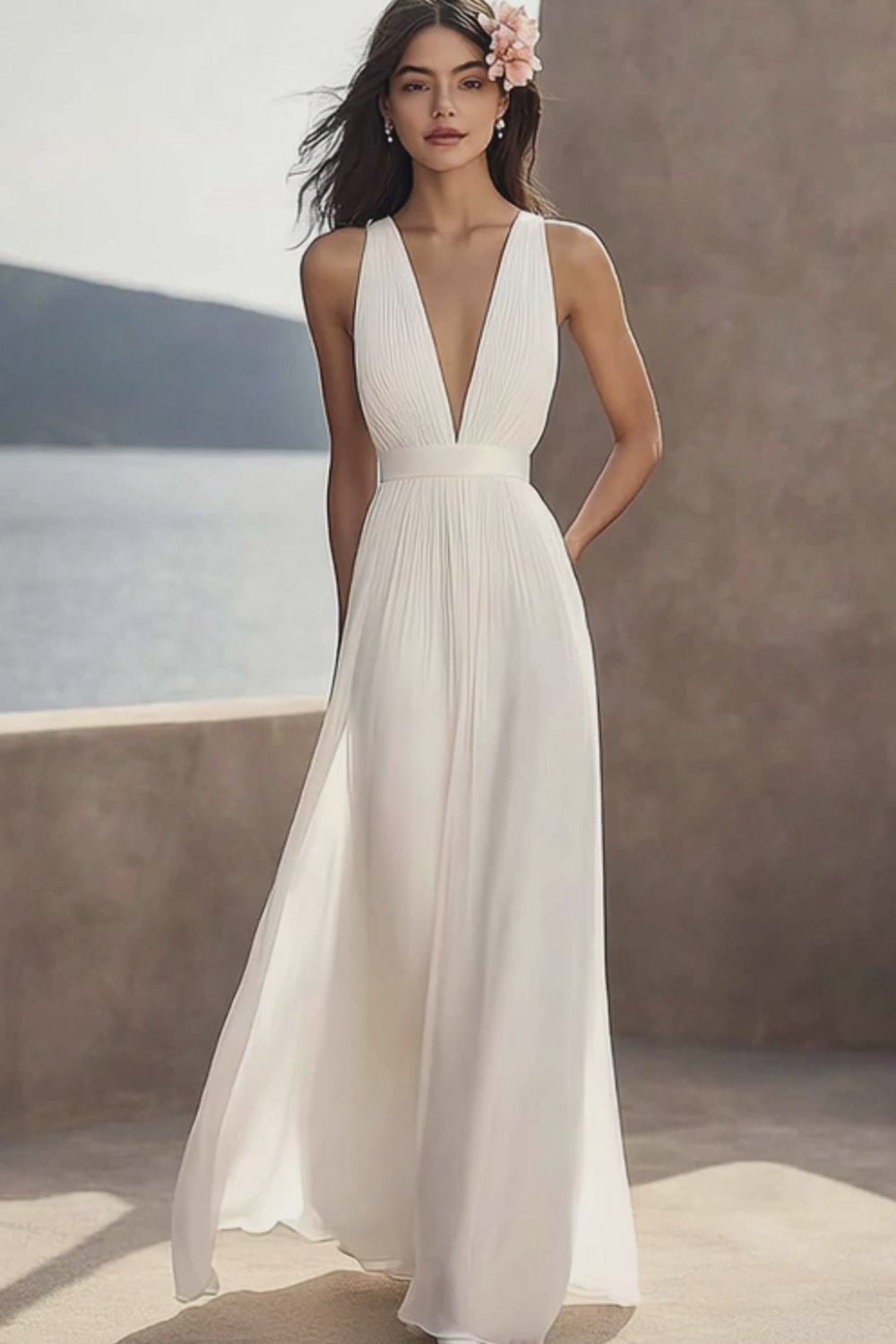 Chiffon Ivory Ruched Deep V-Neck Beach Maxi Engagement Dress
