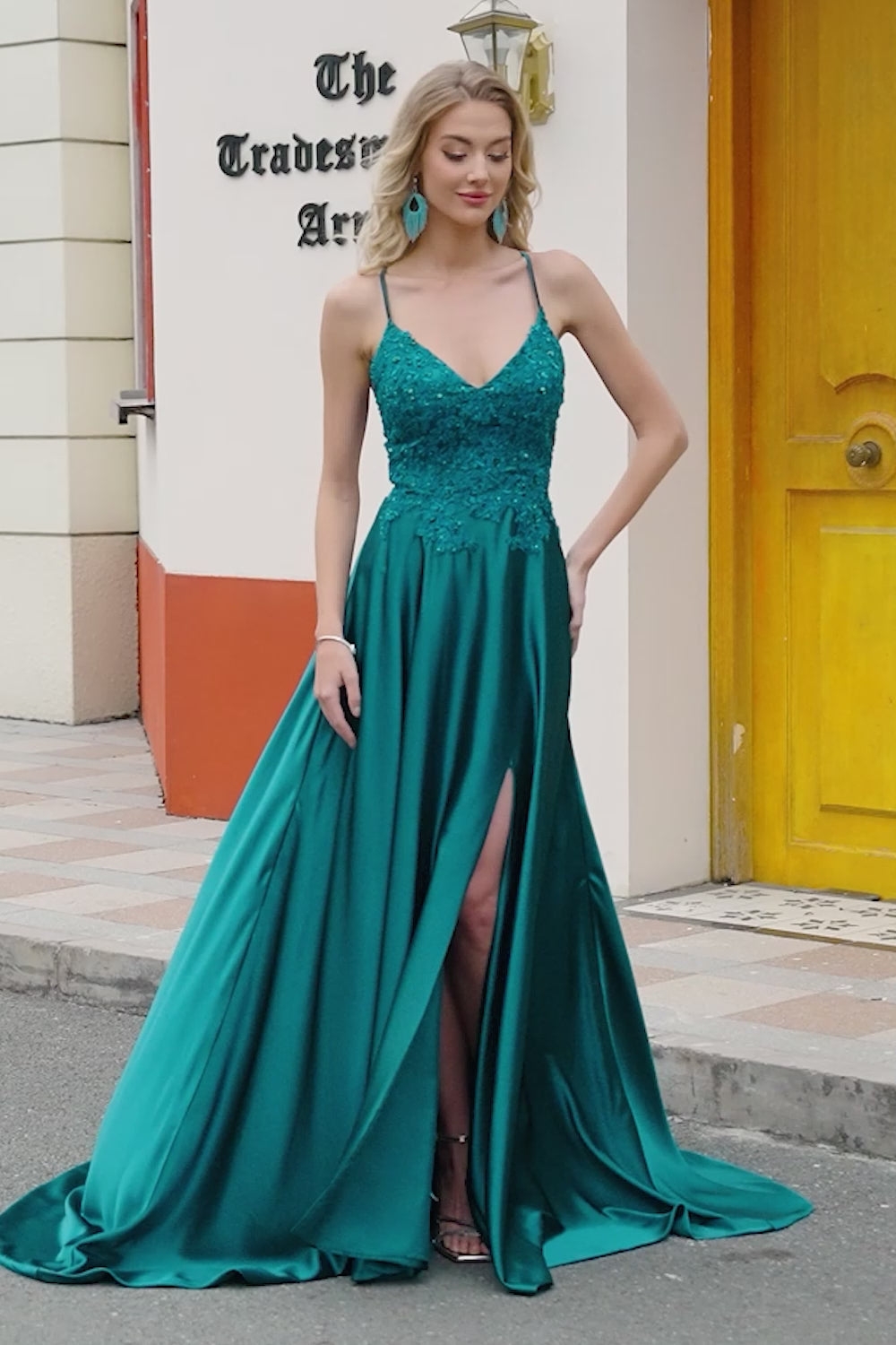 Peacock Green A-Line Spaghetti Straps Long Prom Dress with Slit