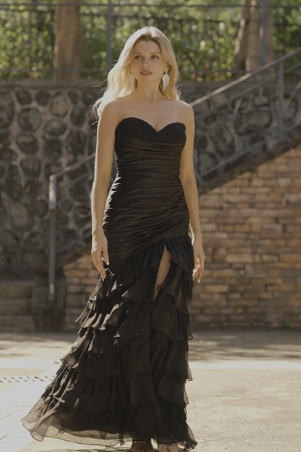 Black Mermaid Ruched Ruffled Long Prom Dress with Beading