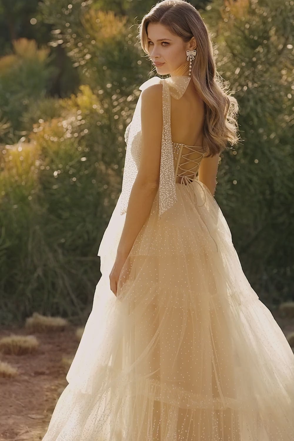 Sparkly Pink Tiered Polka Dots Beaded Long Corset Prom Dress with Ruffles
