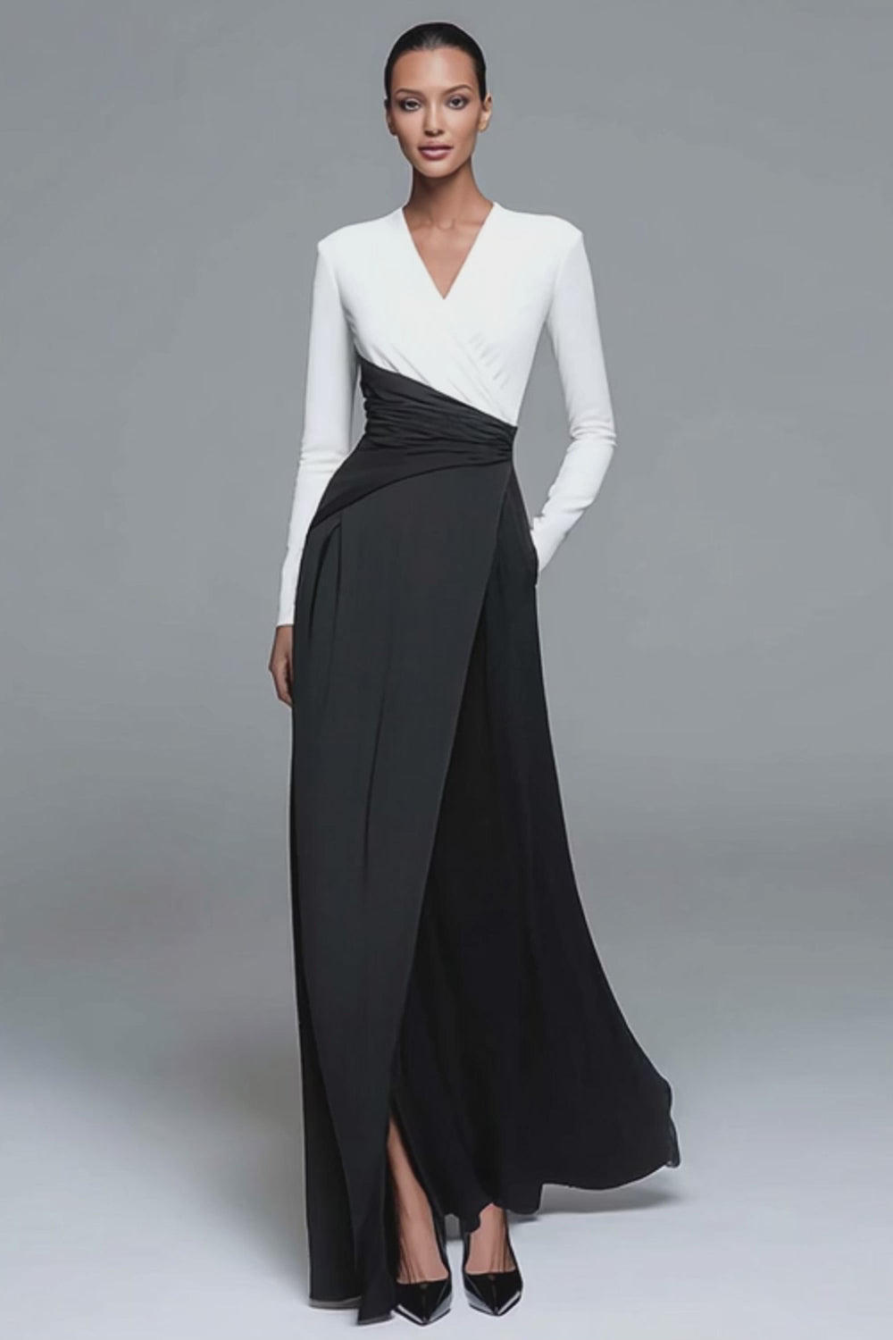 Black and White Patchwork Long Sleeves Formal Dress with Pockets
