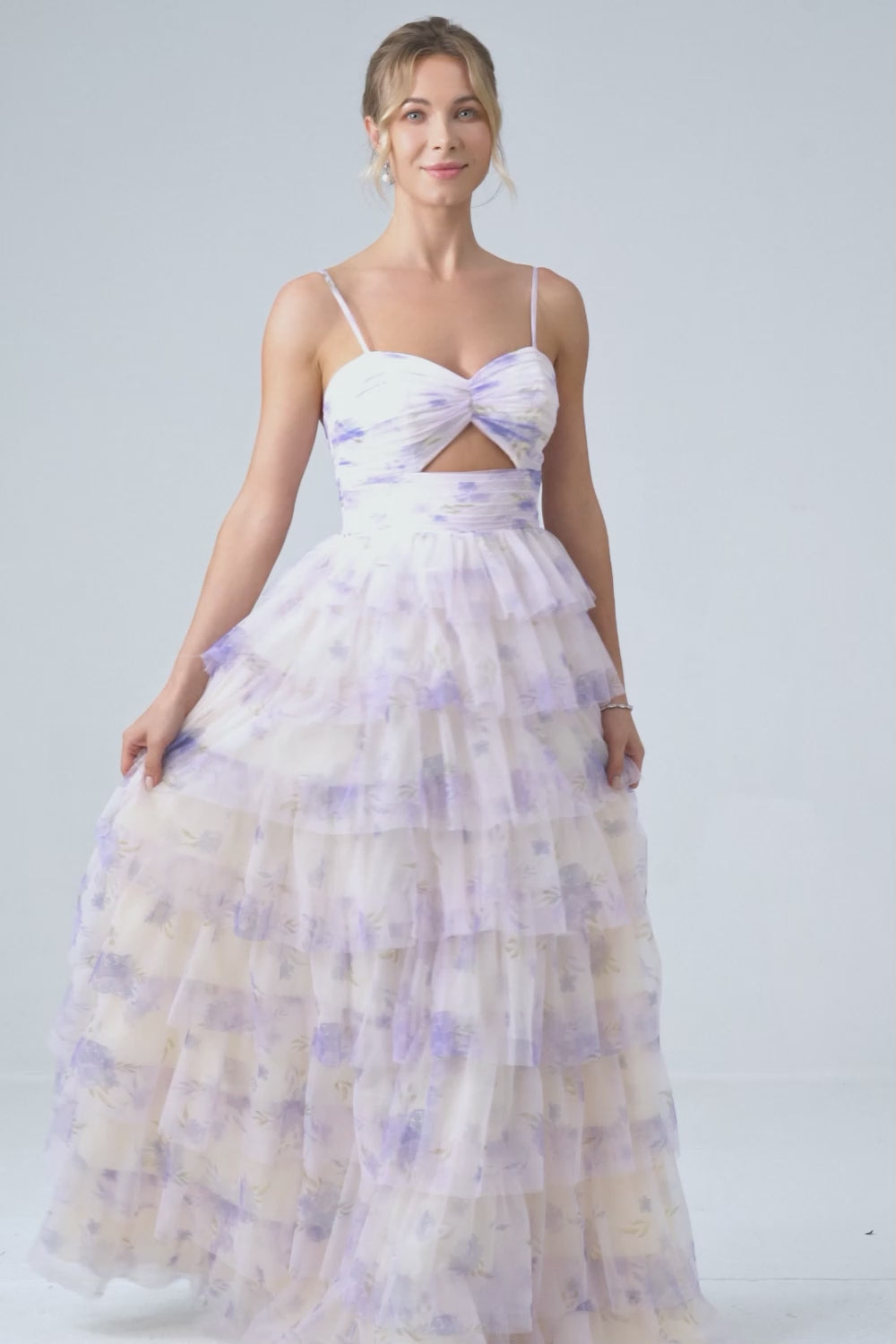 Lavender Flower Princess Spaghetti Straps Tiered Prom Dress with Pleated