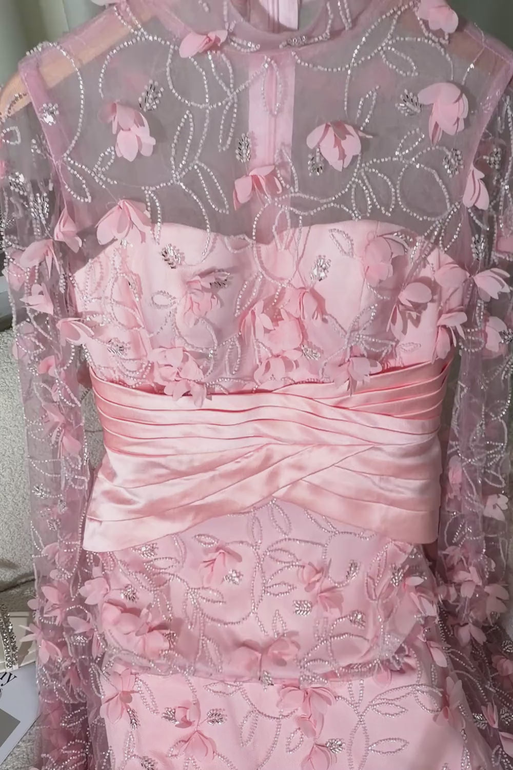 Mermaid Long Pink Floral Ruched Mother of the Bride Dress with Cape