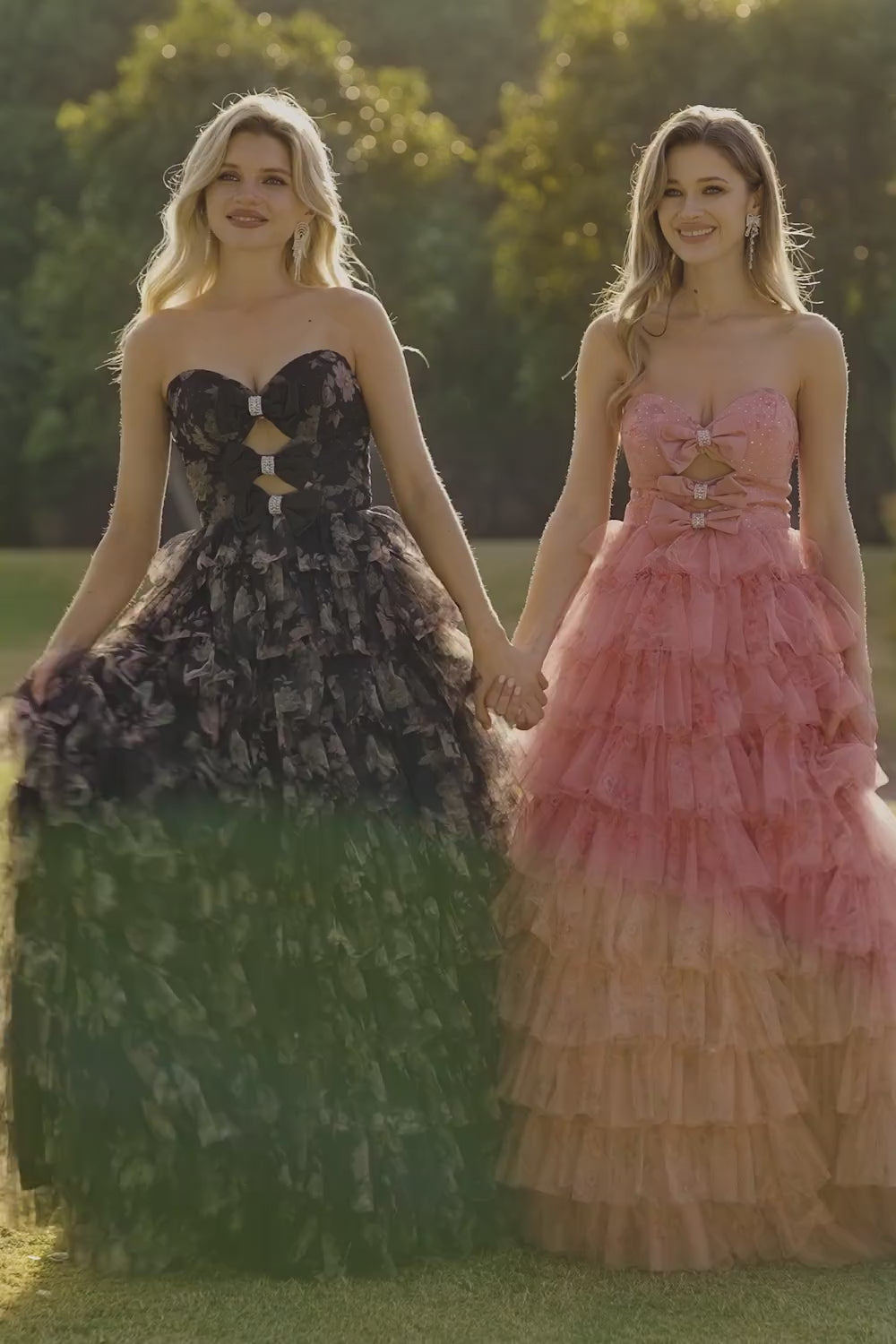 Black Floral Tiered Sweetheart Tulle Long Prom Dress with Bows