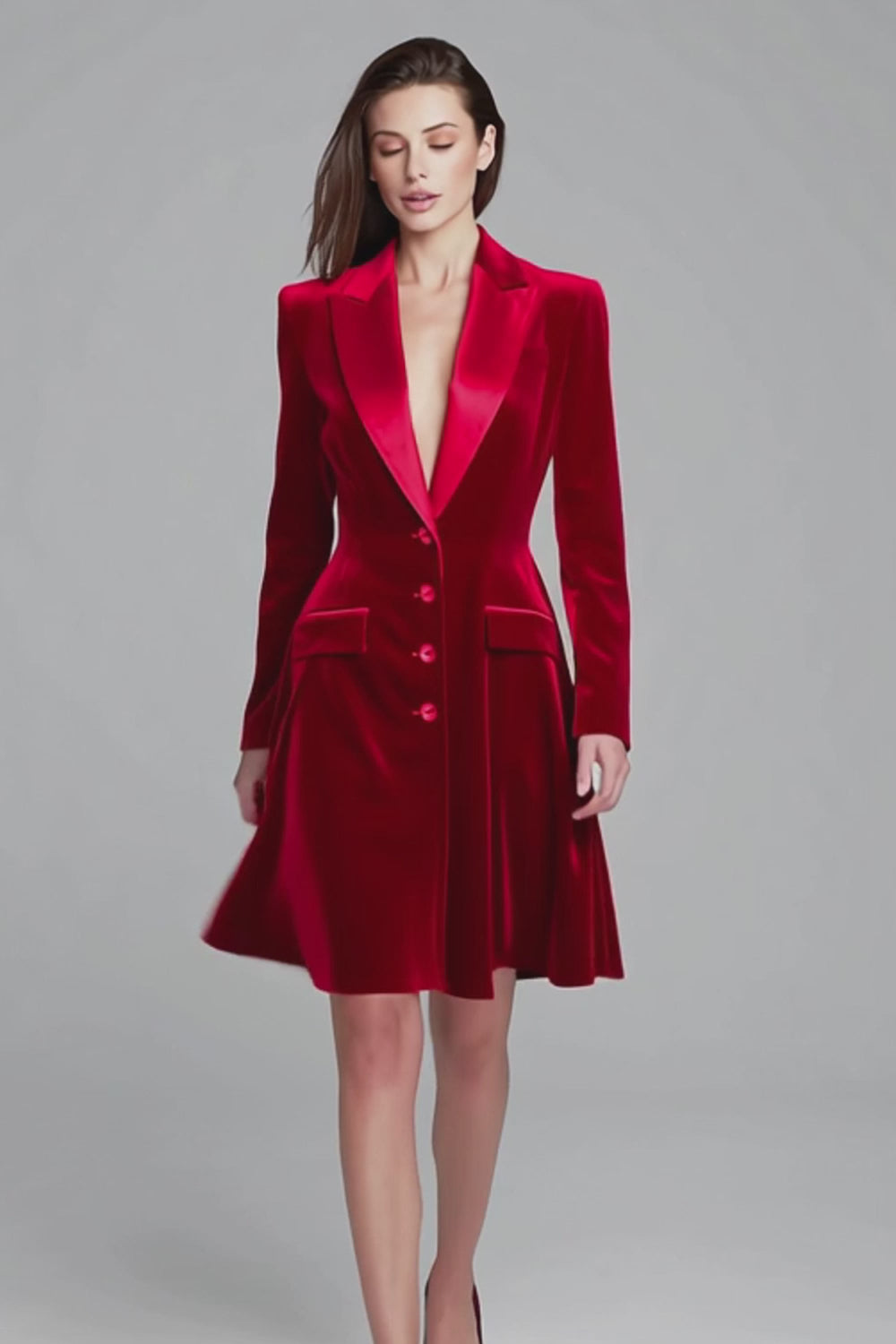 Burgundy Single Breasted Short Velvet Blazer Dress with Sleeves