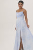 Blue Flower Chiffon Spaghetti Straps Long Bridesmaid Dress with Slit