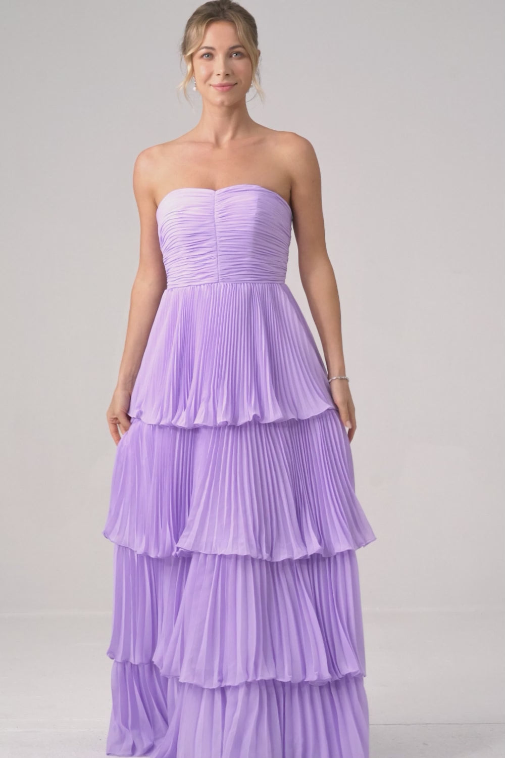 A-Line Sweetheart Tiered Chiffon Long Lilac Bridesmaid Dress with Pleated