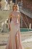 Sparkly Champagne Spaghetti Straps Mermaid Satin Long Prom Dress with Beading