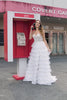 White A-Line Sparkly Sequin Ruffle Skirt Corset Tiered Prom Dress With Slit