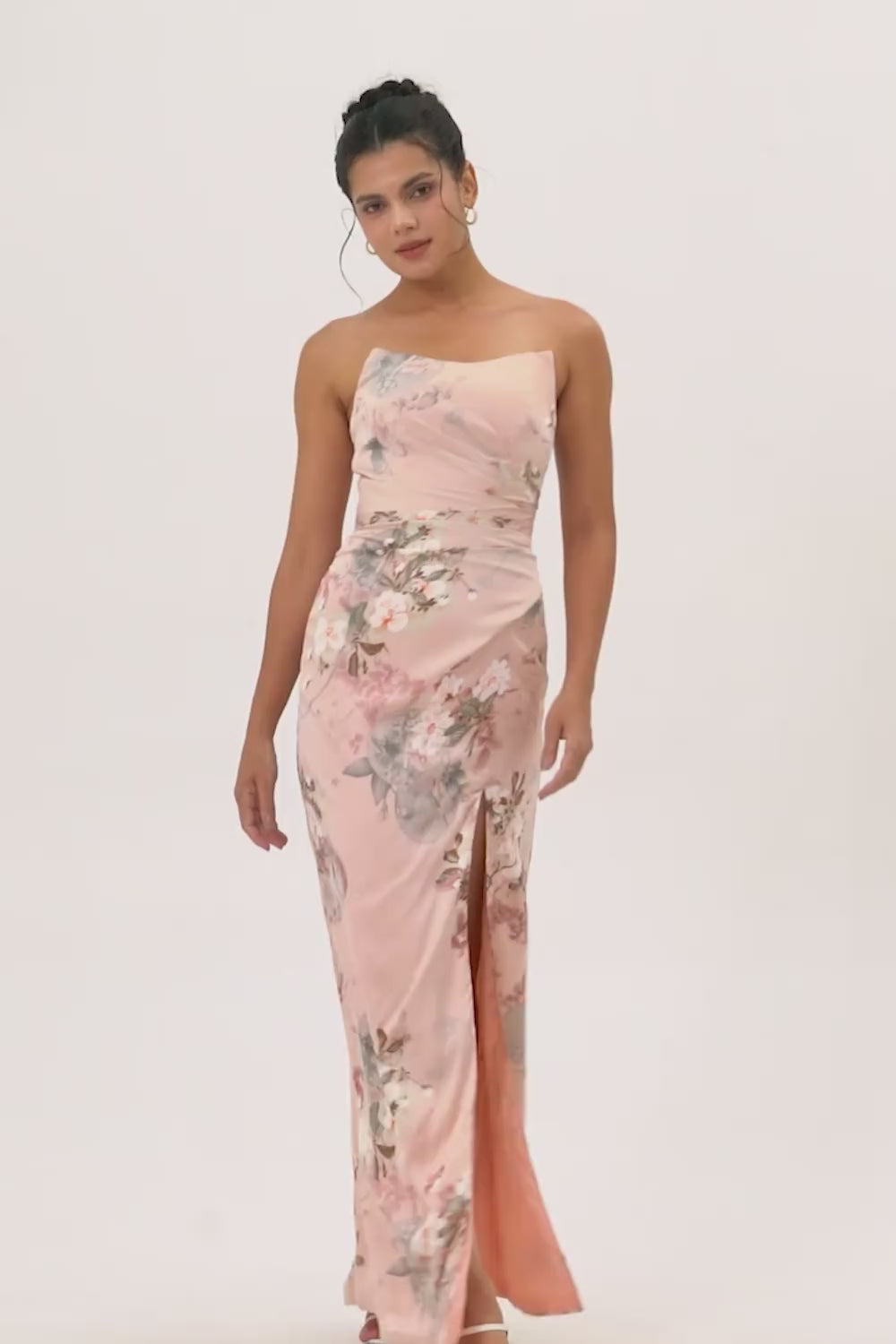 Blush Strapless Floral Long Satin Wedding Guest Dress with Slit