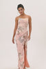 Blush Strapless Floral Long Satin Wedding Guest Dress with Slit