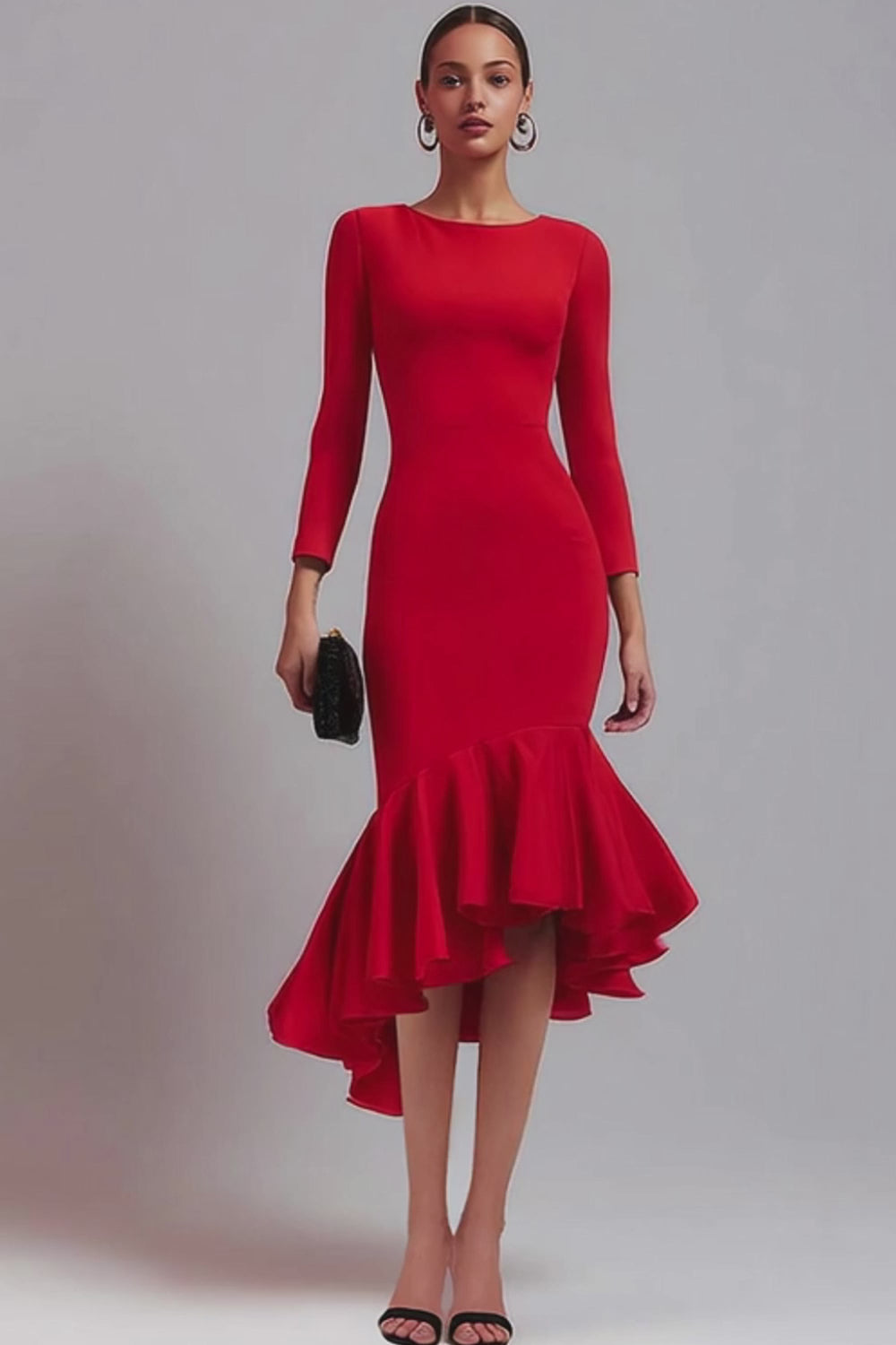 Red Satin Long Sleeves Mermaid Midi Work Dress with Ruffles