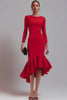 Red Satin Long Sleeves Mermaid Midi Work Dress with Ruffles