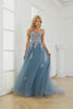 Green Spaghetti Straps Appliques Tulle Long Prom Dress with Slit