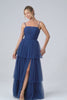 A Line Spaghetti Straps Tiered Navy Tulle Pleated Prom Dress with Slit