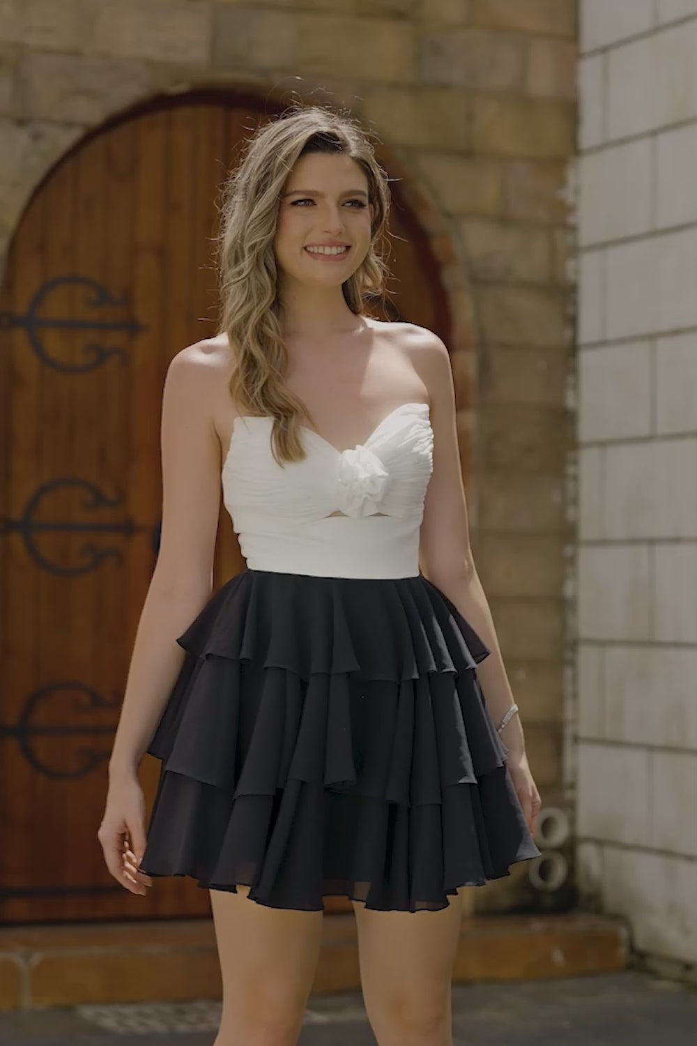 Black and White Floral Tiered Short Homecoming Dress with Ruffles