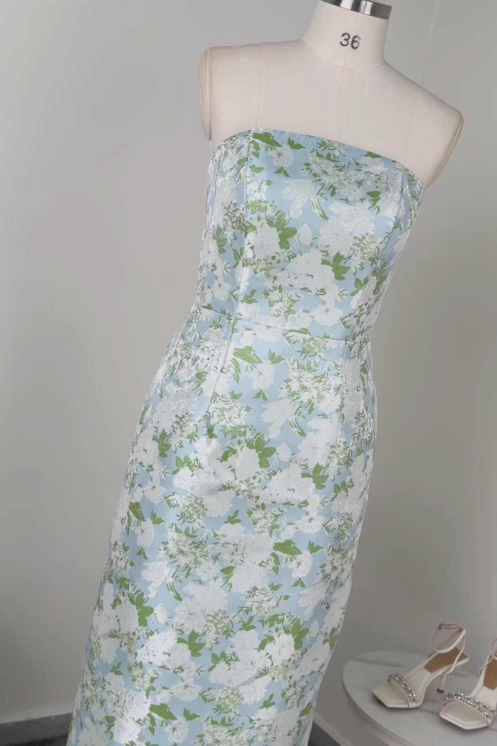 White and Blue Sheath Strapless Satin Floral Long Wedding Guest Dress