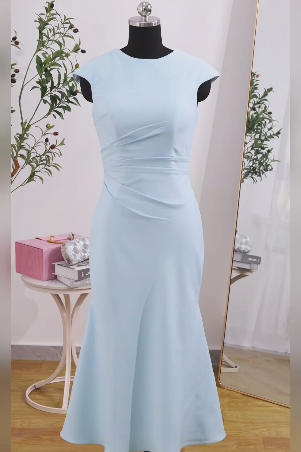 Simple White Crew Neck Bodycon Ruched Midi Rehearsal Dinner Dress