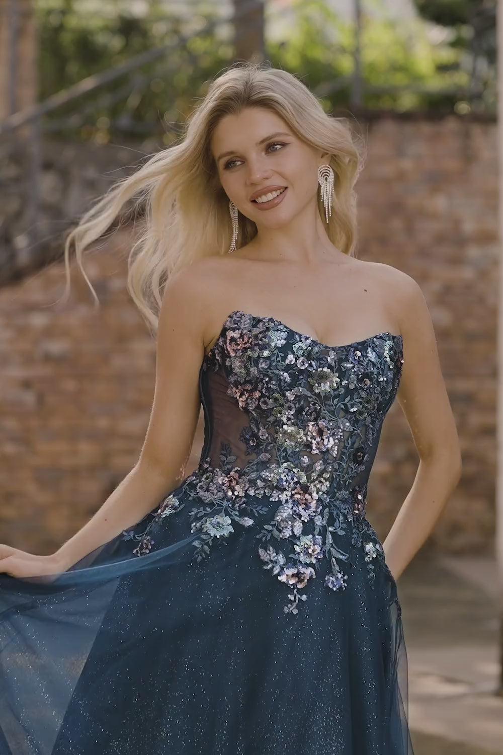 Sparkly Navy Floral A-Line Long Prom Dress with Embroidery