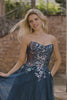 Sparkly Navy Floral A-Line Long Prom Dress with Embroidery
