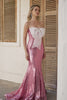 Sparkly Pink Mermaid Sequins Strapless Long Prom Dress with Bow