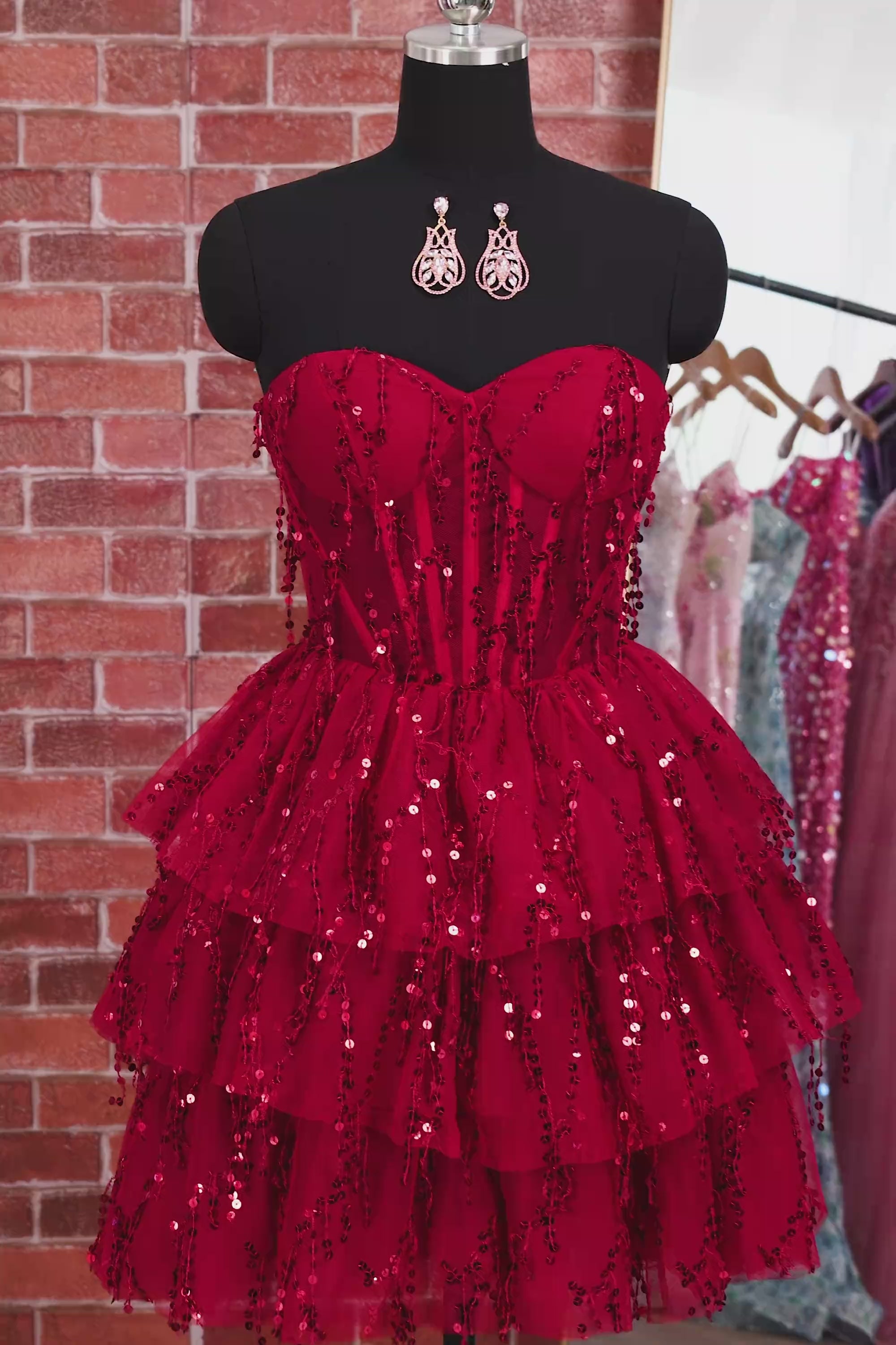 A Line Sparkly Burgundy Short Strapless Beaded Corset Homecoming Dress
