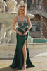 Sparkly Dark Green Mermaid Satin Long Corset Prom Dress with Beading