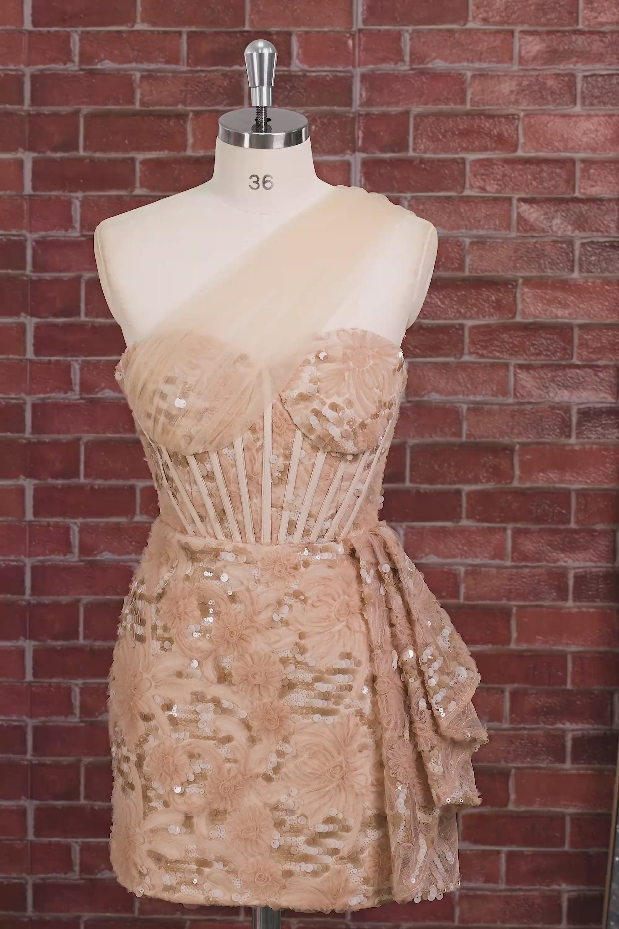 Sparkly Floral Peach One Shoulder Sequin Corset Tight Short Homecoming Dress