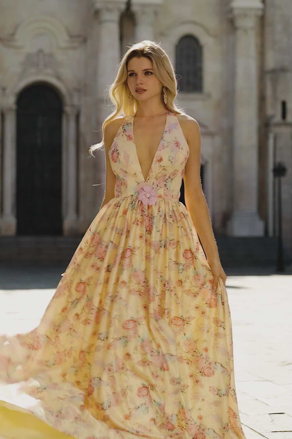 Floral Yellow and Pink A Line Halter Long Prom Dress with Slit