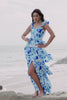 Blue Corset Tiered Long Prom Dress with Slit