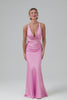 Pink Mermaid V Neck Satin Long Bridesmaid Dress