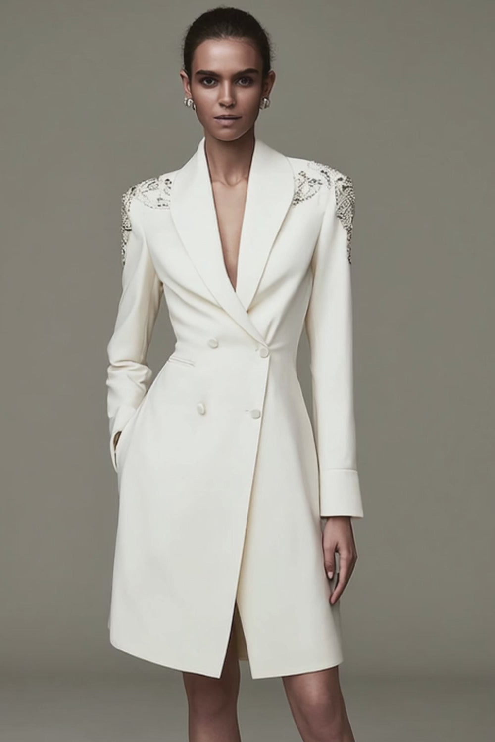Ivory Satin Shawl Lapel Short Pencil Blazer Dress with Beading