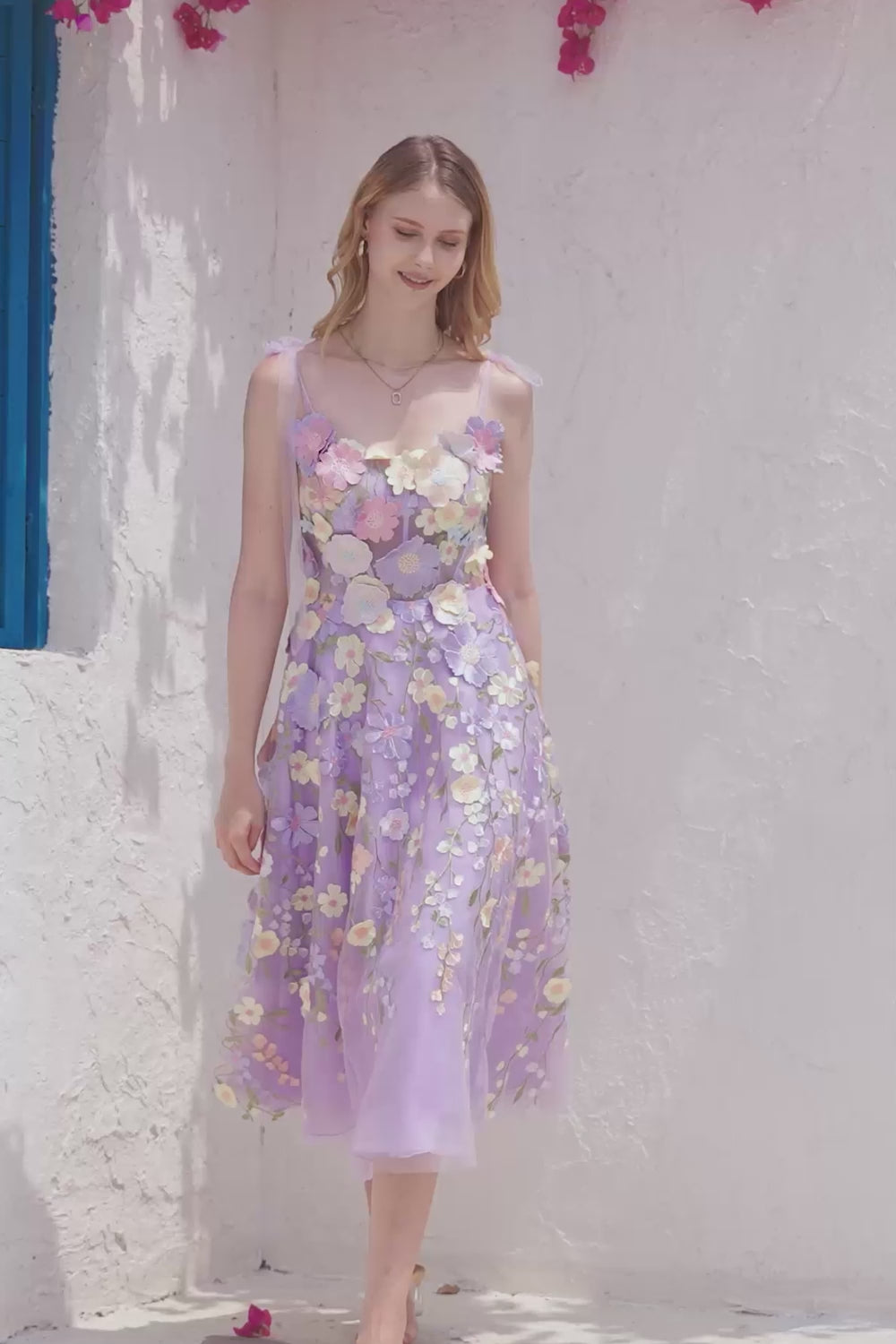 A Line Spaghetti Straps Purple Tea Length Prom Dress with 3D Flowers