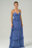 Dark Blue Spaghetti Straps Tiered A-Line Bridesmaid Dress