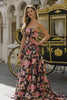 Floral Black and Pink Strapless Long Corset Prom Dress with Bow