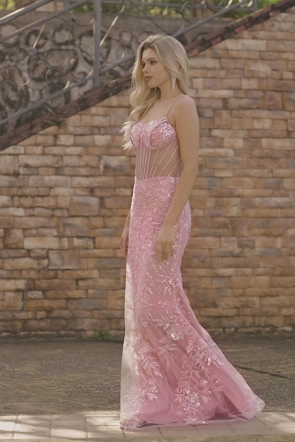 Sparkly Floral Blush Sequin Lace Long Corset Prom Dress with Rhinestone