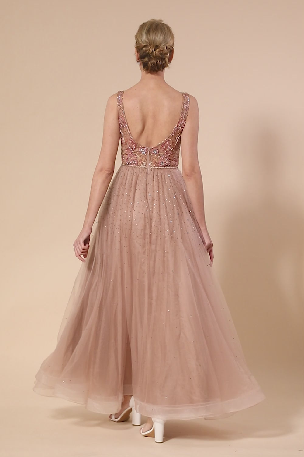 Sparkly Blush Beaded Long Tulle Prom Dress