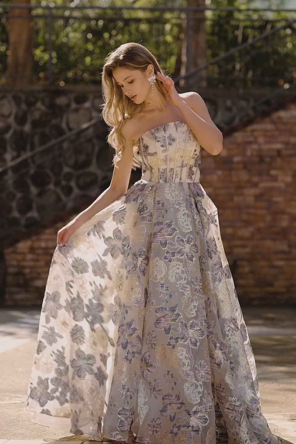 Floral Dusty Blue A Line Strapless Long Corset Prom Dress with Slit